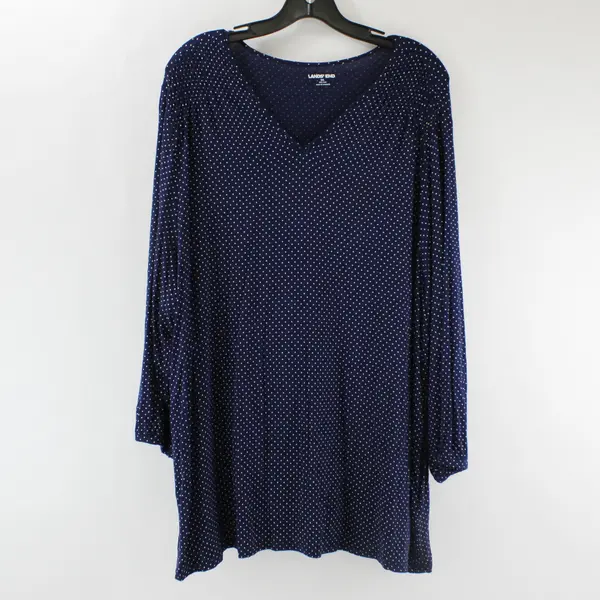 Lands' End White Polka Dot Navy Blue Long-Sleeved V-Neck Shirt Women's 3X 