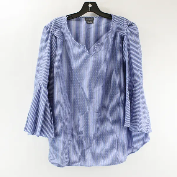 Van Heusen Blue and White Striped Bell Sleeve Blouse Women's XXL