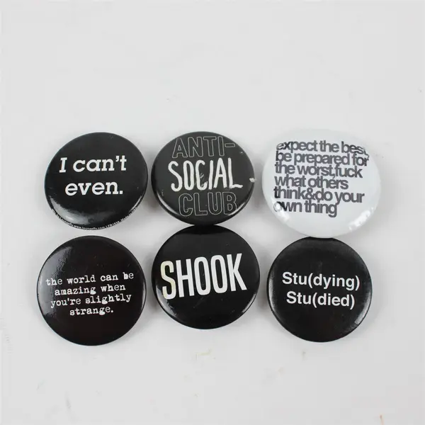 Lot of 6 Black and White Funny Ironic Pinback Buttons