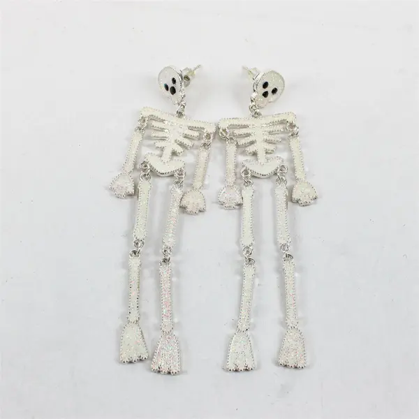 White Enamel Skeleton Halloween Dangle Earrings 3.5"