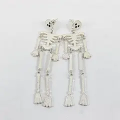 White Enamel Skeleton Halloween Dangle Earrings 3.5"