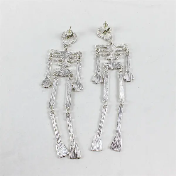 White Enamel Skeleton Halloween Dangle Earrings 3.5"