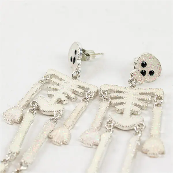 White Enamel Skeleton Halloween Dangle Earrings 3.5"