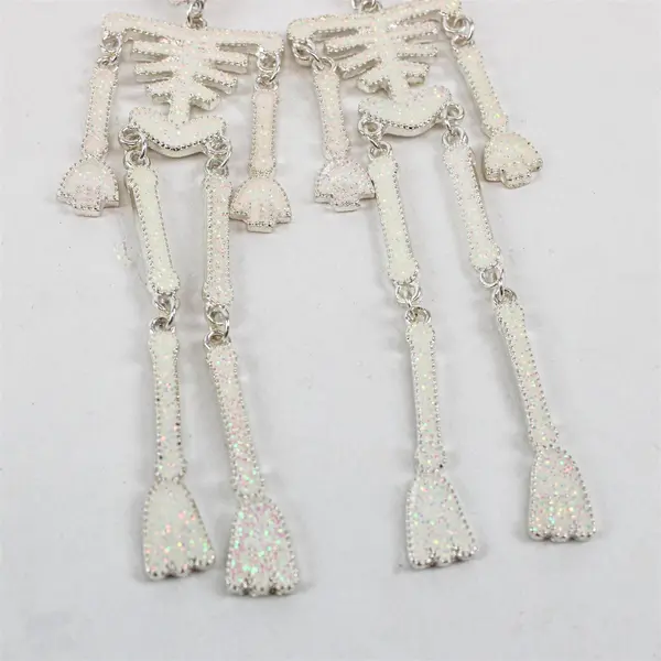 White Enamel Skeleton Halloween Dangle Earrings 3.5"