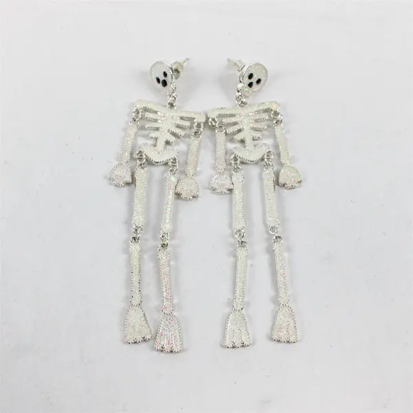 White Enamel Skeleton Halloween Dangle Earrings 3.5"