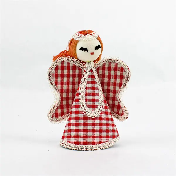 Vintage 1950s Red Hair Gingham Angel Christmas Ornament 5.5" Japan