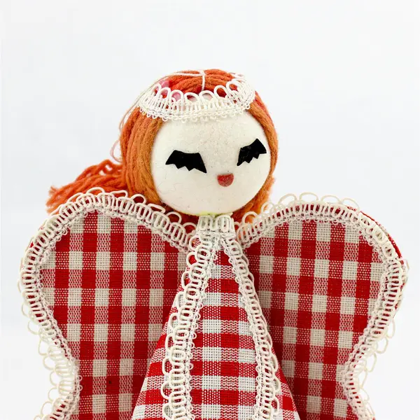 Vintage 1950s Red Hair Gingham Angel Christmas Ornament 5.5" Japan