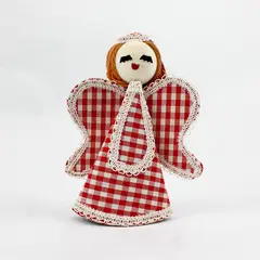 Vintage 1950s Red Hair Gingham Angel Christmas Ornament 5.5" Japan