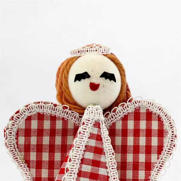 Vintage 1950s Red Hair Gingham Angel Christmas Ornament 5.5" Japan
