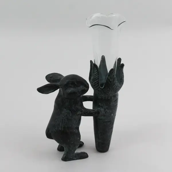 Cast Iron Rabbit With Carrot Bud Vase With Glass Insert
