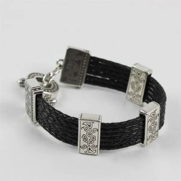 Brighton Silver-Plated and Braided Leather Toggle Clasp Bracelet 7.5"