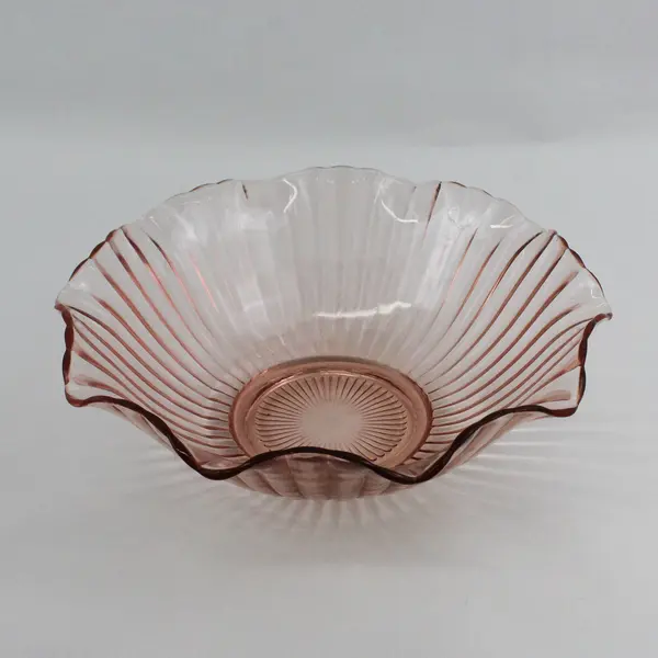 Vtg Anchor Hocking AHC37 Pink Crimped Rim Ribbed 11.5 Inch Serving Bowl