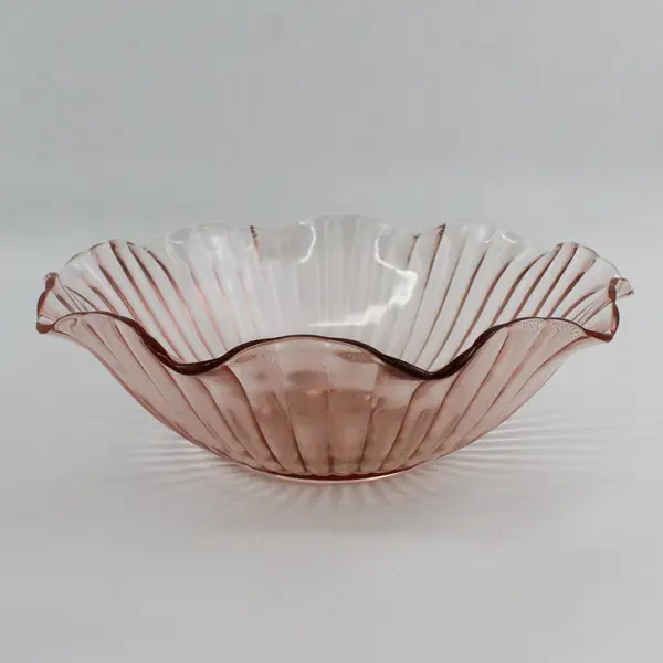 Vtg Anchor Hocking AHC37 Pink Crimped Rim Ribbed 11.5 Inch Serving Bowl