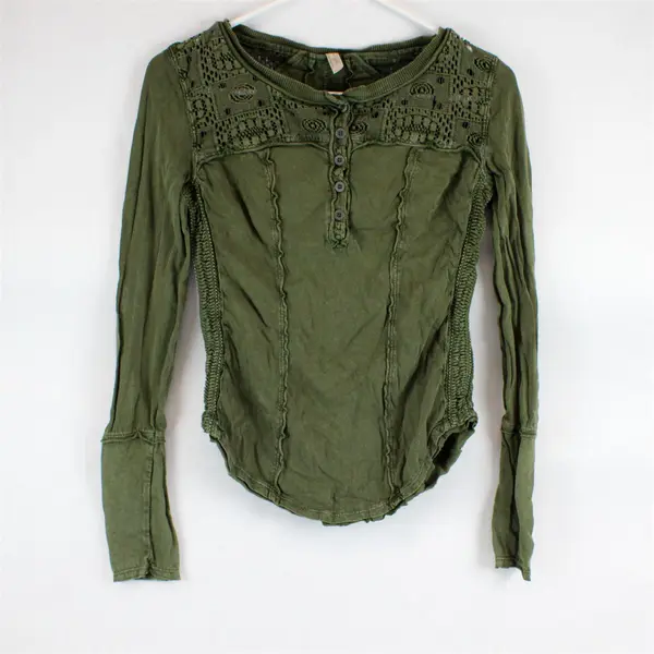 Free People Green Open-Work Detail Long-Sleeved Top Women's XS