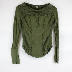 Free People Green Open-Work Detail Long-Sleeved Top Women's XS