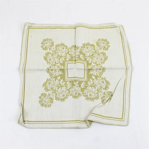 Set of 2 Vintage Ivory Linen Damask Napkins Gold Chrysanthemum Floral