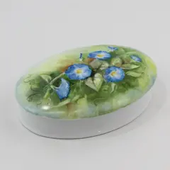 Freddi Ceramics Hand Painted Oval Trinket Box Blue Morning Glories 7.5"
