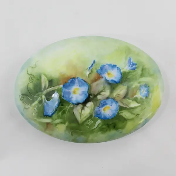 Freddi Ceramics Hand Painted Oval Trinket Box Blue Morning Glories 7.5"
