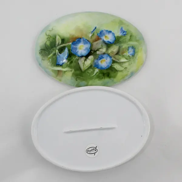Freddi Ceramics Hand Painted Oval Trinket Box Blue Morning Glories 7.5"