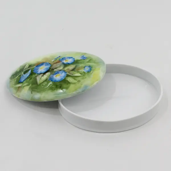 Freddi Ceramics Hand Painted Oval Trinket Box Blue Morning Glories 7.5"