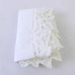 White Linen Table Runner 46.5x14 Intricate Lace Scalloped Edges