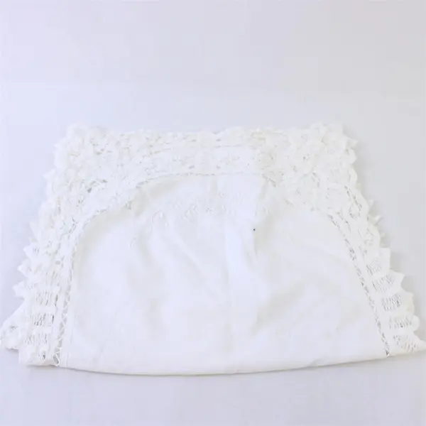White Linen Table Runner 46.5x14 Intricate Lace Scalloped Edges