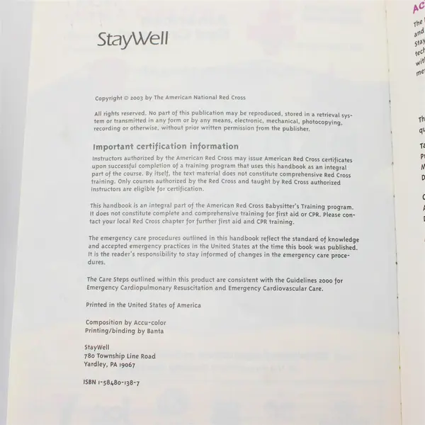 Babysitter's Training Handbook From the American Red Cross 2003 Paperback