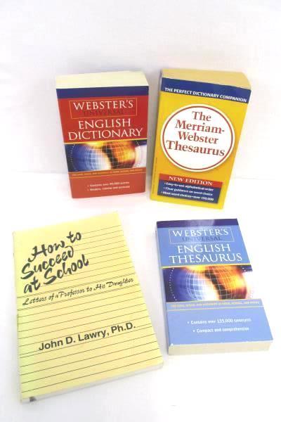 4 Paperback Books: How to Succeed at School Webster Dictionary & 2 Thesauri