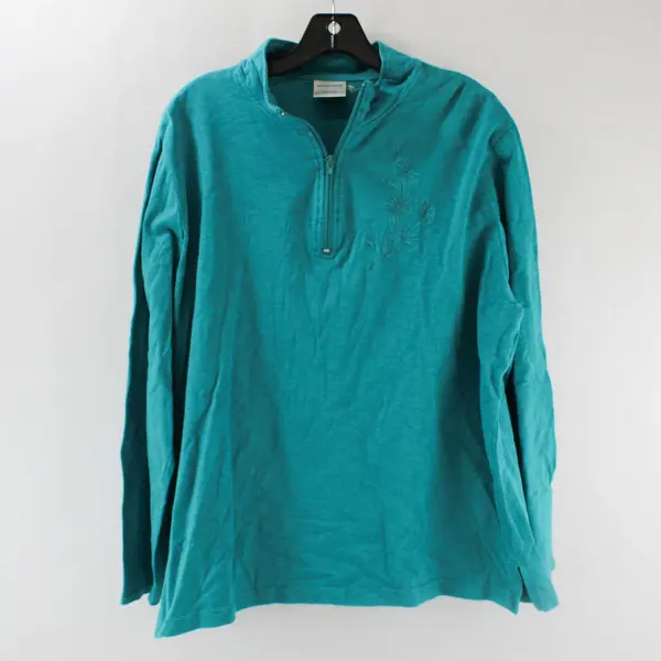 Decorated Originals Floral Embroidered Teal Green 1/4-Zip Top Women's 2X
