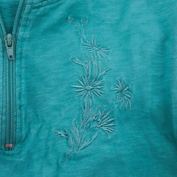 Decorated Originals Floral Embroidered Teal Green 1/4-Zip Top Women's 2X