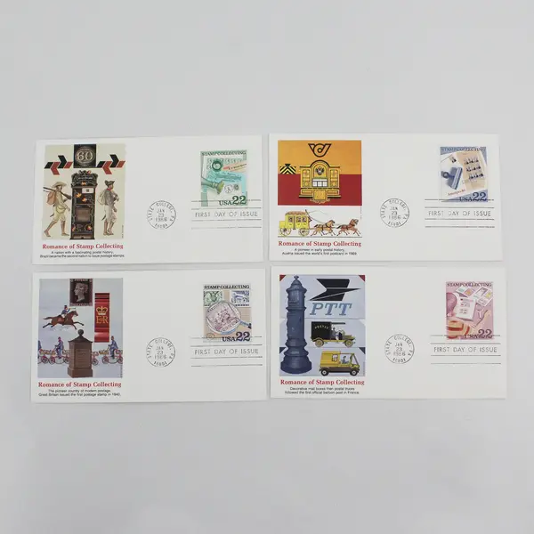 Set Of 4 Romance Of Stamp Collecting 22c 1986 FDC Fleetwood Cachet 