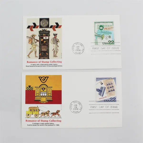 Set Of 4 Romance Of Stamp Collecting 22c 1986 FDC Fleetwood Cachet 