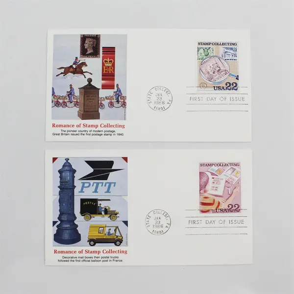 Set Of 4 Romance Of Stamp Collecting 22c 1986 FDC Fleetwood Cachet 