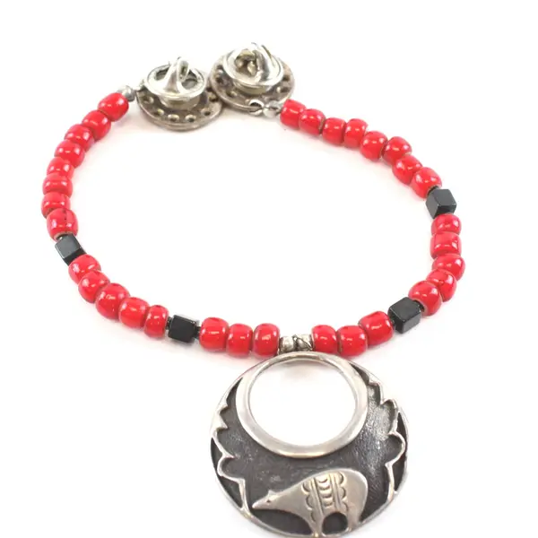 AJM Sterling Silver Tribal-Style Red Beaded Lapel Chain