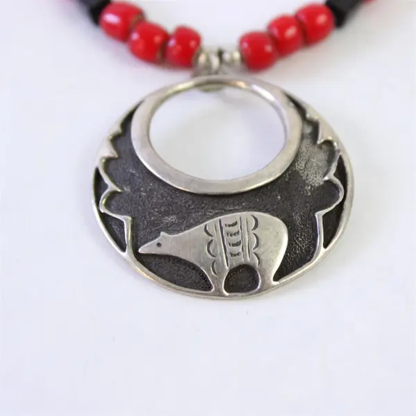 AJM Sterling Silver Tribal-Style Red Beaded Lapel Chain