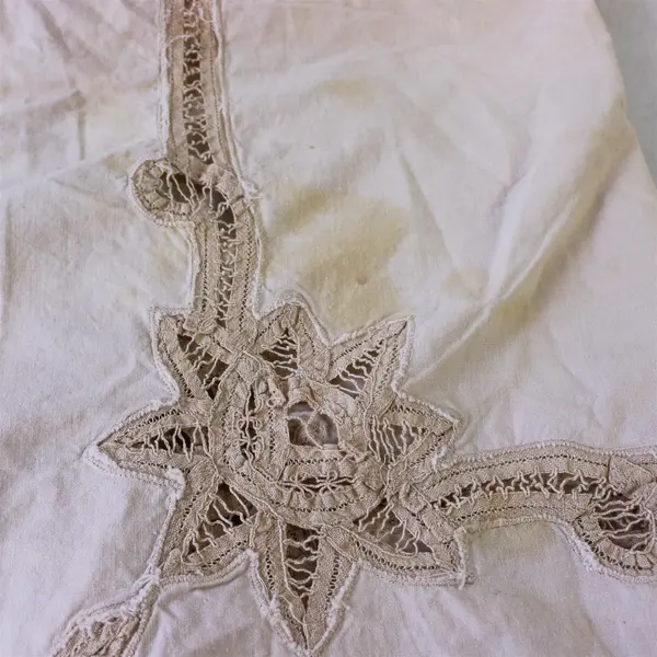 Vintage Ecru Battenburg Lace Square Tea Tablecloth 40" FLAWED