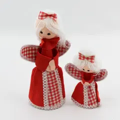 Lot of 2 Vintage Handmade Red Gingham Angel Tree Toppers 5" & 8" FLAWED