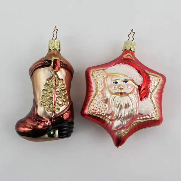 Lot of 2 Mercury Glass Christmas Ornaments Cowboy Boot And  Santa Face On Star