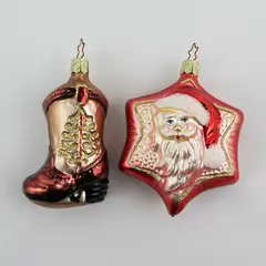 Lot of 2 Mercury Glass Christmas Ornaments Cowboy Boot And  Santa Face On Star