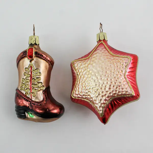 Lot of 2 Mercury Glass Christmas Ornaments Cowboy Boot And  Santa Face On Star