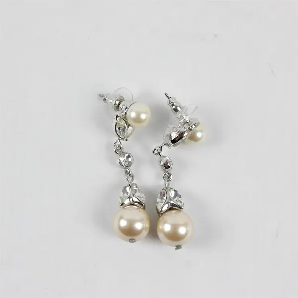 VTG Costume Jewelry Faux Pearl Marquise Rhinestone Silver-Tone Dangle Earrings