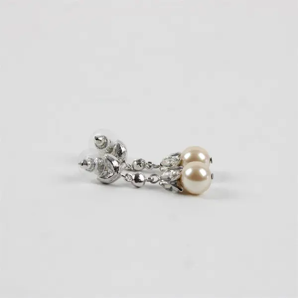 VTG Costume Jewelry Faux Pearl Marquise Rhinestone Silver-Tone Dangle Earrings