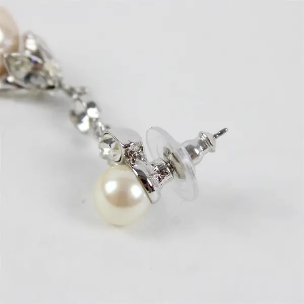 VTG Costume Jewelry Faux Pearl Marquise Rhinestone Silver-Tone Dangle Earrings