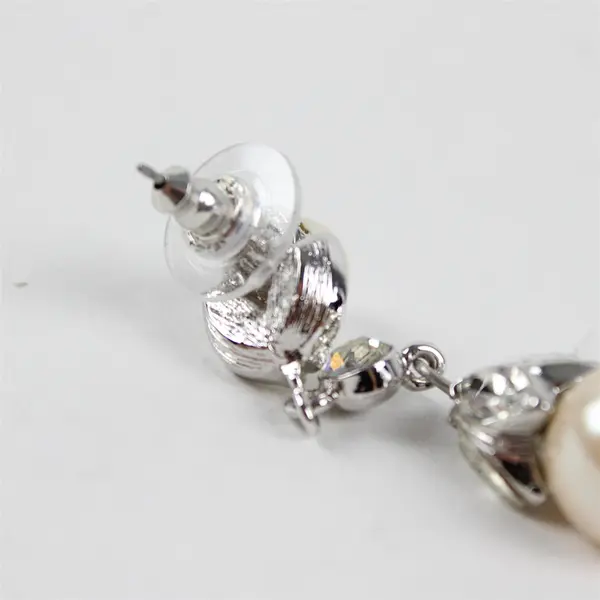 VTG Costume Jewelry Faux Pearl Marquise Rhinestone Silver-Tone Dangle Earrings
