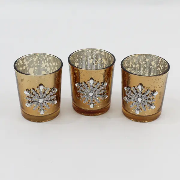 Set of 3 Gold-Finish Bedazzled Snowflake Glass Tealight Candle Holders