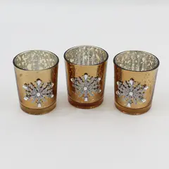 Set of 3 Gold-Finish Bedazzled Snowflake Glass Tealight Candle Holders