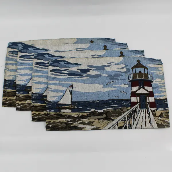 Set of 4 Nautical Ocean Sailboat Lighthouse Tapestry Placemats 11" x 19" FLAWED