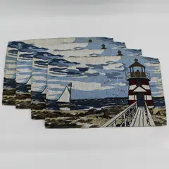 Set of 4 Nautical Ocean Sailboat Lighthouse Tapestry Placemats 11" x 19" FLAWED