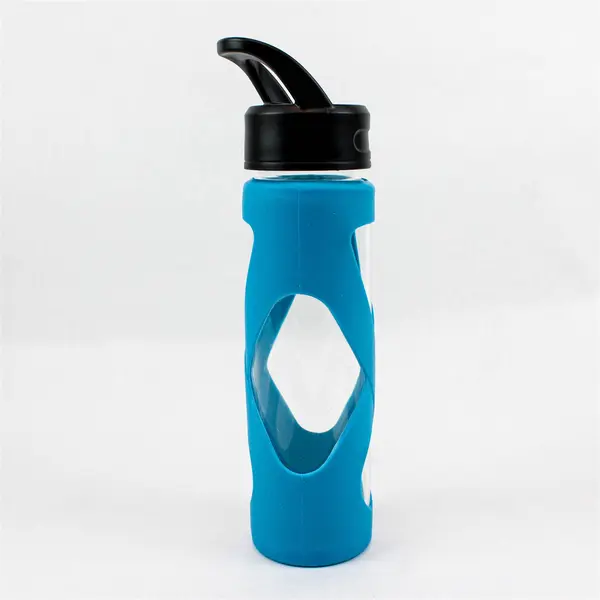 Blue Silicone X-Band Sleeve Glass Water Bottle Approx 28 Oz NO STRAW