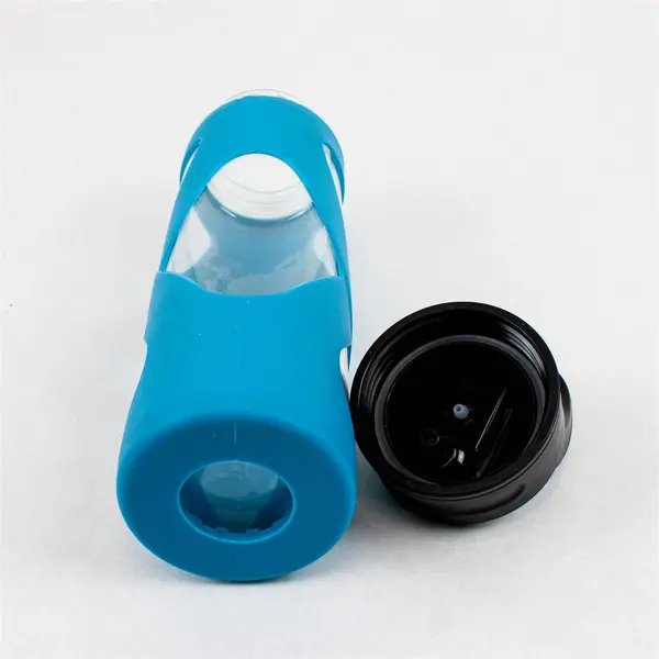 Blue Silicone X-Band Sleeve Glass Water Bottle Approx 28 Oz NO STRAW